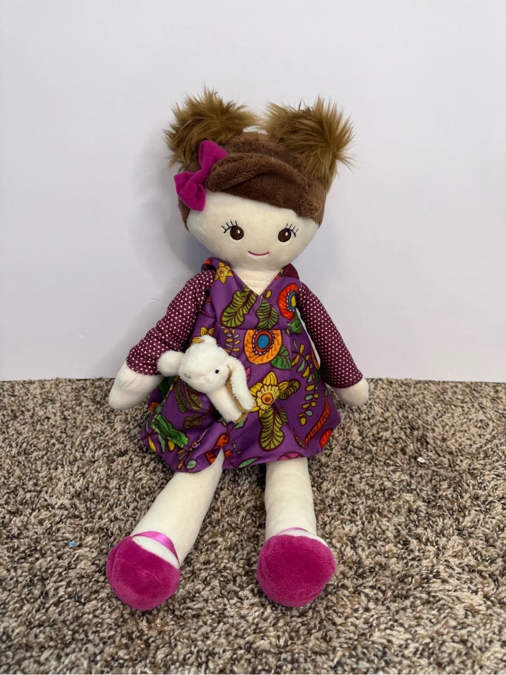 Scentsy Purple Floral Girl Doll with Pink Shoes and Brown Hair